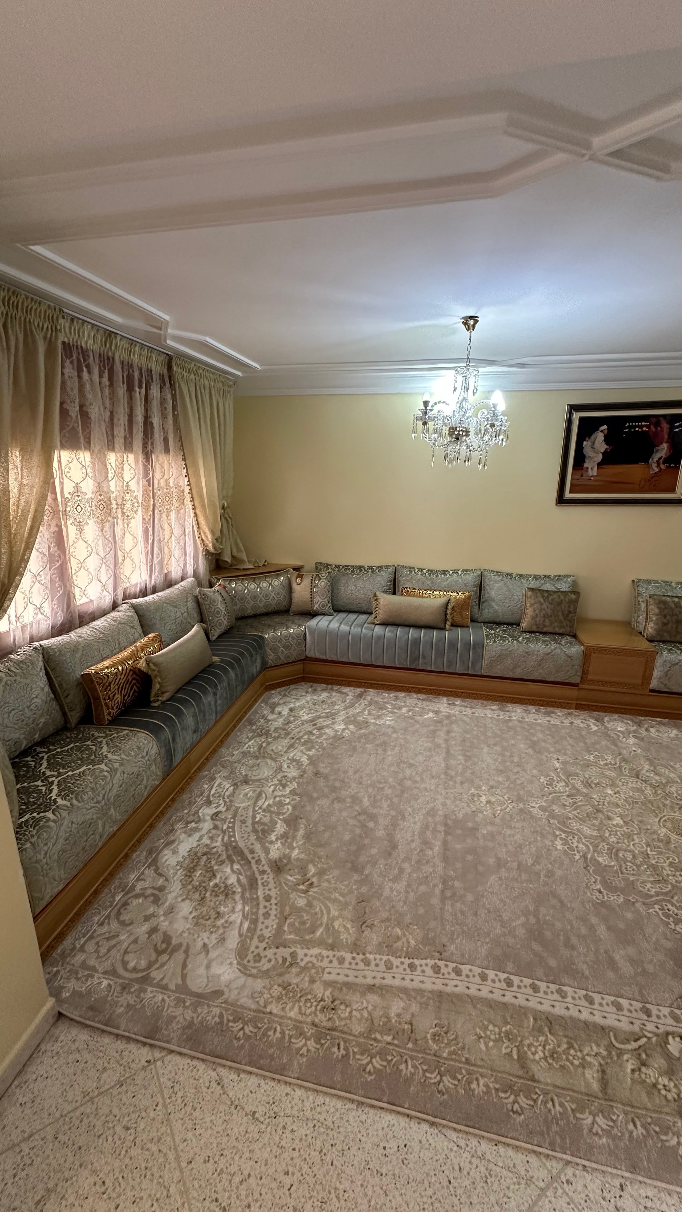 Salon angle avec tapis fleuri et lustre