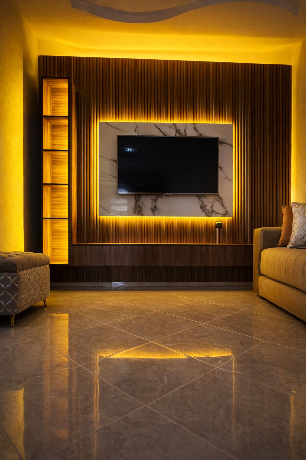 Meuble TV bois avec éclairage LED doré